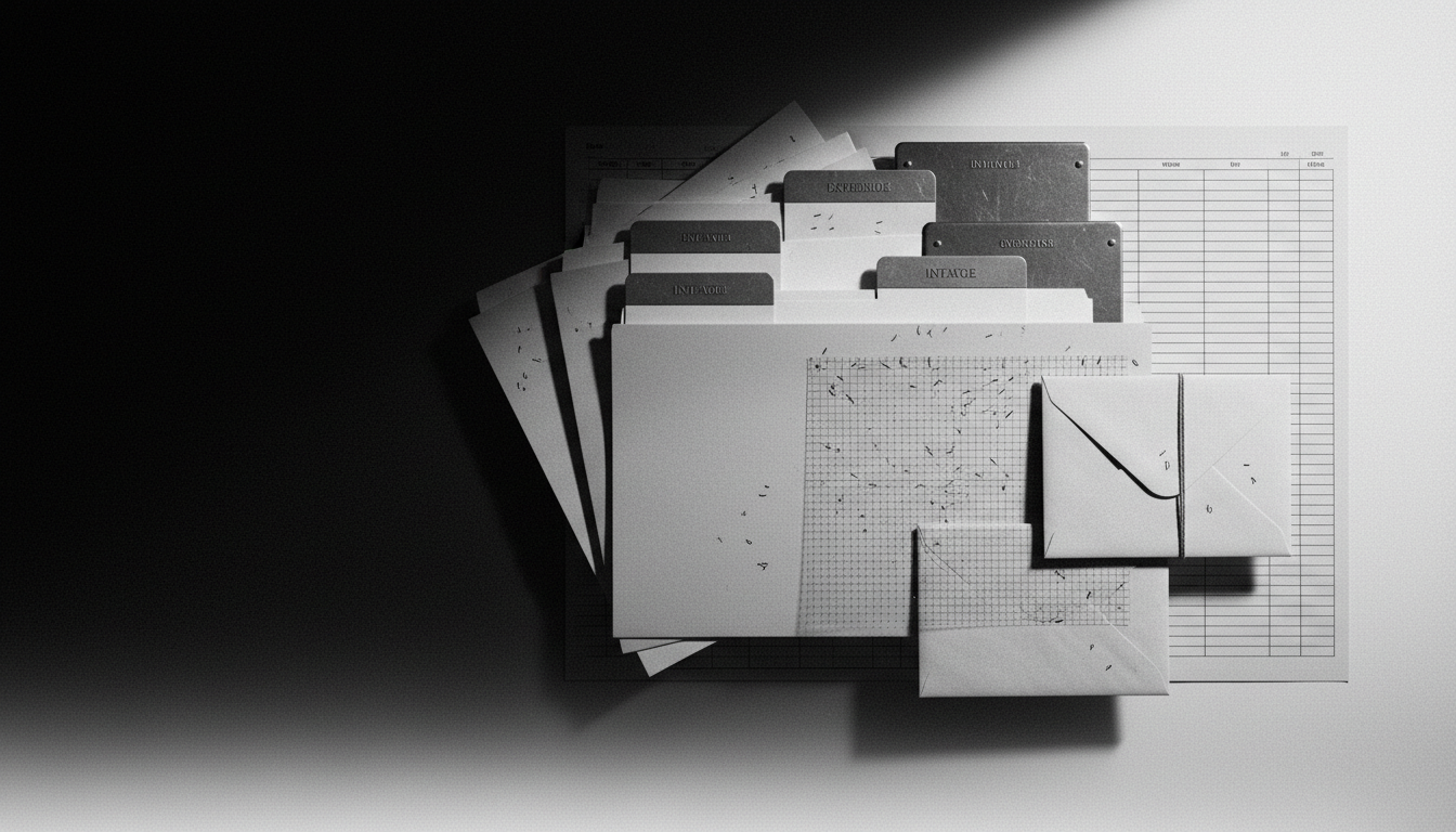 Arte técnico monocromo de placas de expediente, retículas y evidencia documental abstracta con espacio negativo para texto.