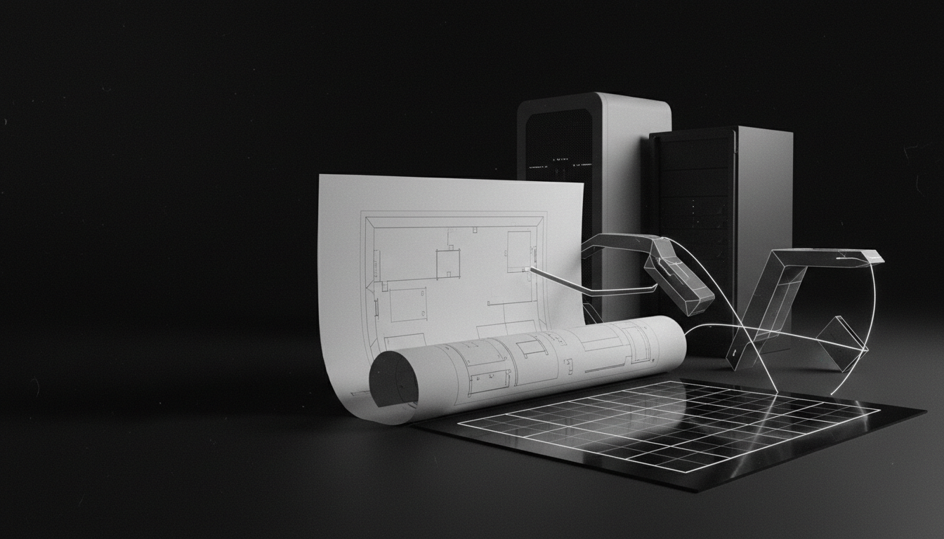Fondo monocromo de Studio con planos técnicos, sensores, retículas 3D abstractas y gemelo digital sin plantas ni personas.