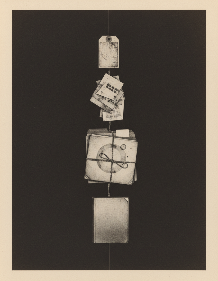 Lámina monocroma con una cadena vertical de hitos documentales desde origen y proceso hasta tratamiento.