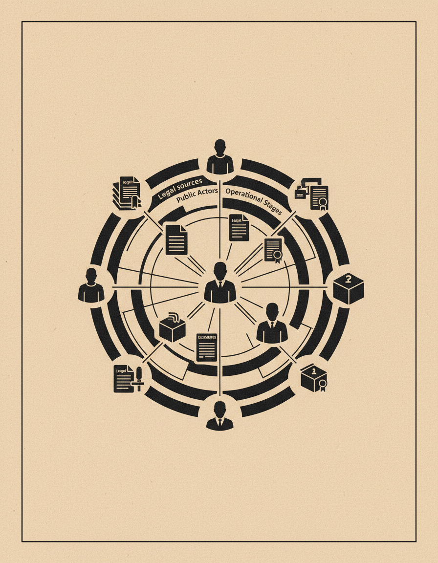 Lámina monocroma con mapa circular de fuentes, actores, operación, documentos y revisión.