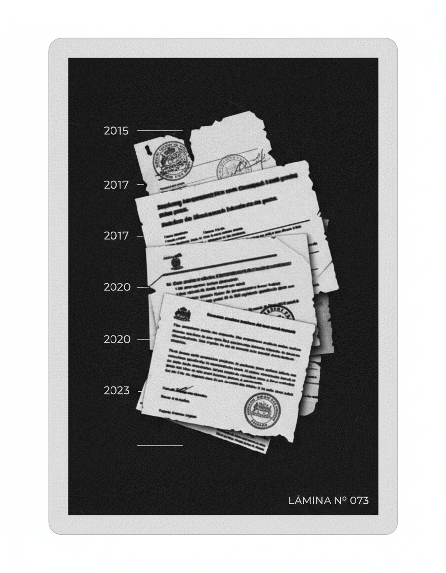 Lámina monocroma con línea de tiempo documental y fuentes legales chilenas representadas como tarjetas de referencia.