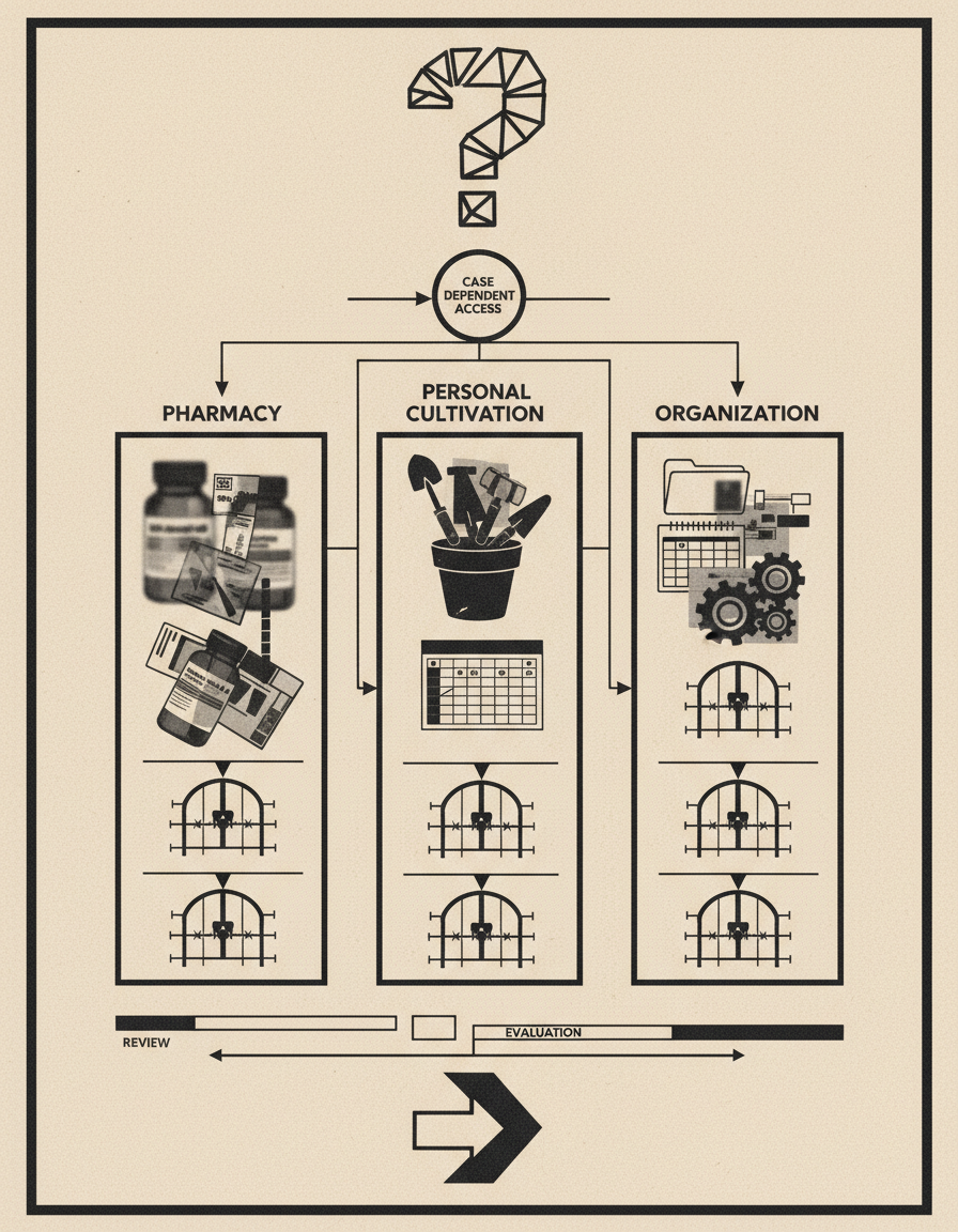 Lámina monocroma con árbol de decisión que separa farmacia, cultivo personal y organización.