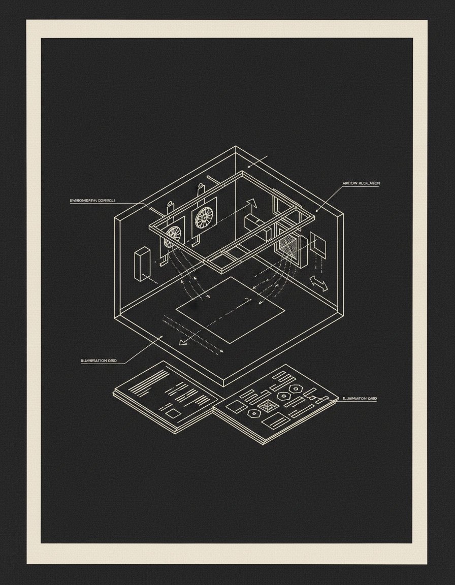 Lámina monocroma con estructura isométrica de un espacio interior y variables de equipamiento.