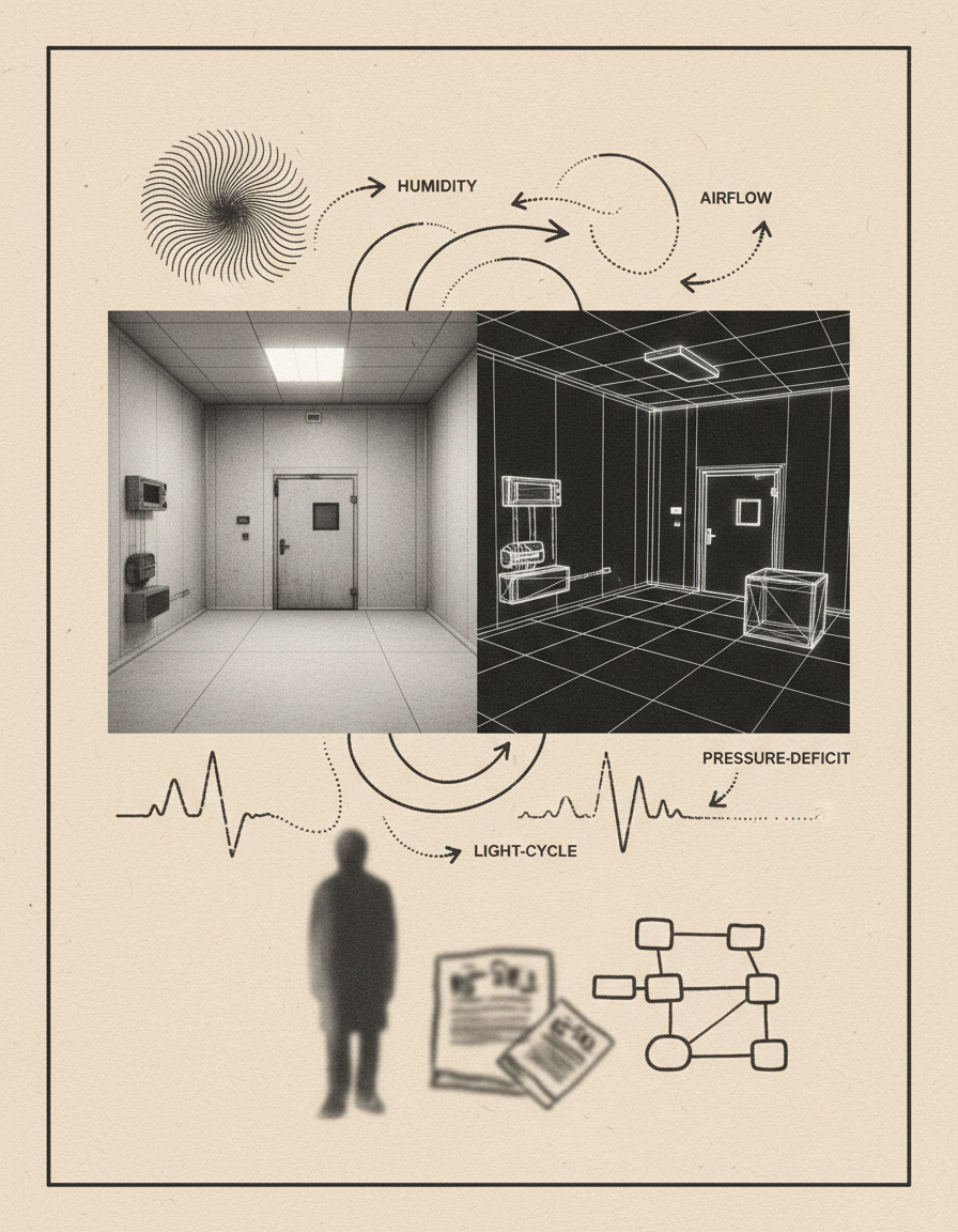 Lámina monocroma con espacio físico y modelo digital conectados por variables ambientales.