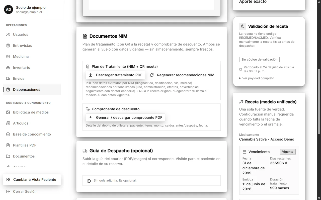 Detalle de una dispensación con la validación de la receta digitalizada y el plan de tratamiento enlazado.
