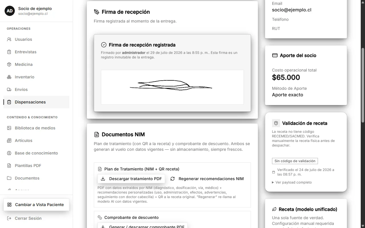 Firma de recepción registrada como acta de la entrega y los documentos PDF del tratamiento generados por el sistema.